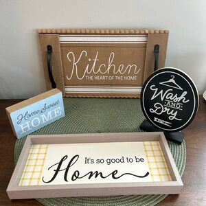 Lot of 4 Decorative Wood Wall or Shelf Sitter Signs in Good Used Condition